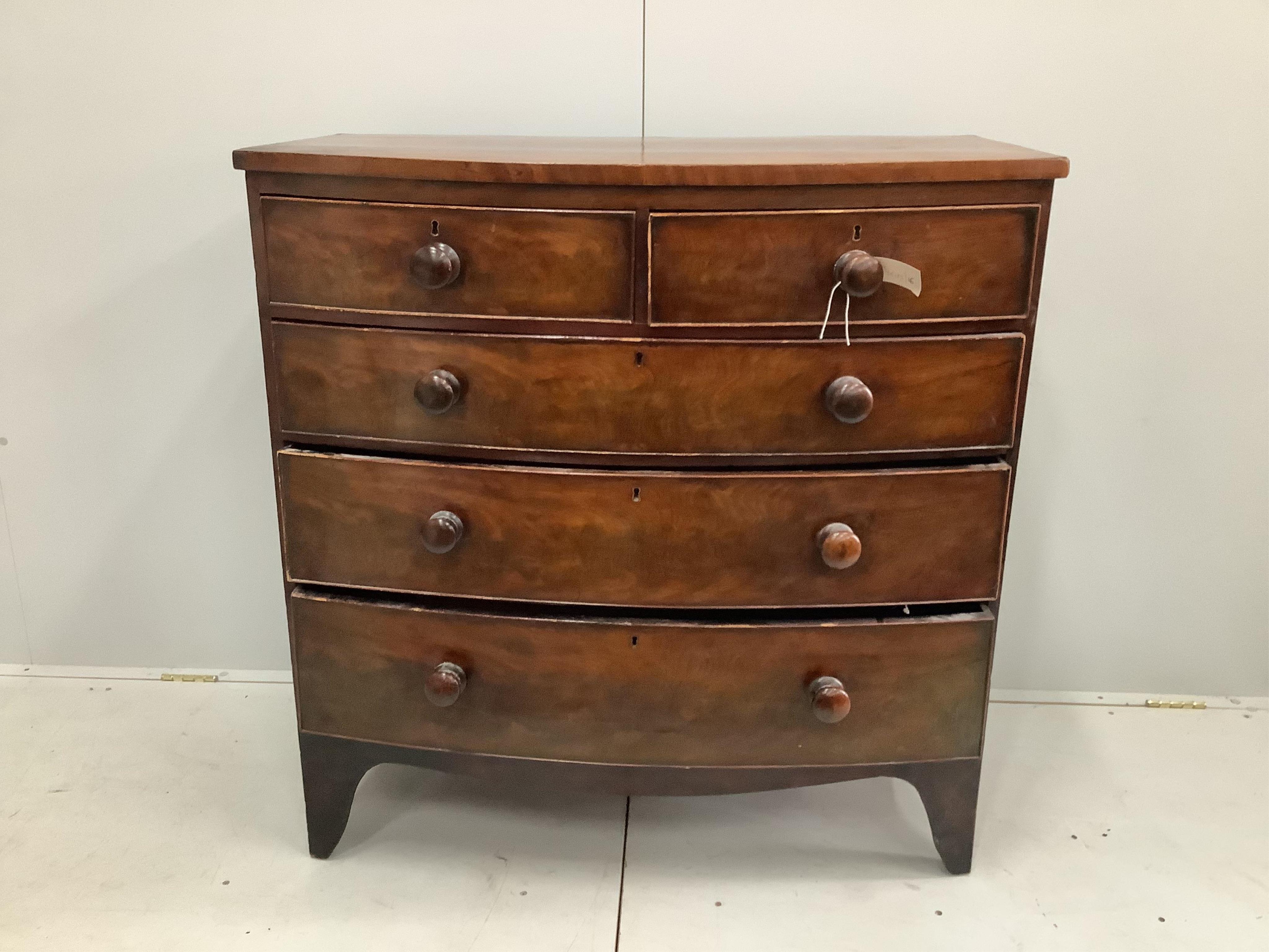 A Victorian mahogany bowfront chest, width 100cm, depth 50cm, height 102cm. Condition - poor